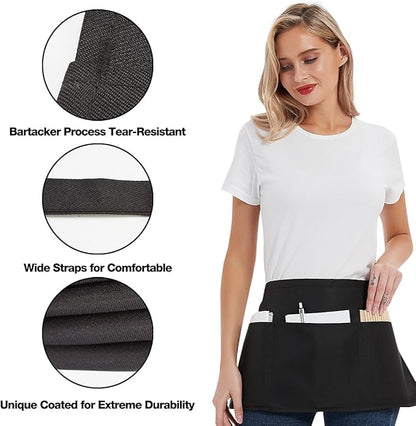 DUSKCOVE 12 Pack Server Aprons with 3 Pockets - Waitress Half Aprons for Women Men Water Resistant with Long Waist Strap