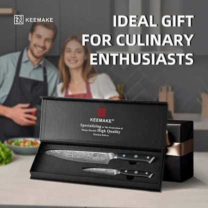 KEEMAKE Damascus Kitchen Knife Set, 2PCS Ultra Sharp 67-Layer Damascus Steel Chef Knife with G10 Non-Slip Handle, Elegant Box for Men Husband