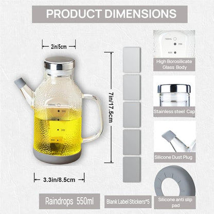 High Borosilicate Glass Oil Bottle-Olive Oil Dispenser for Kitchen-Soy Sauce and Vinegar Dispenser Bottle- Cooking Container Cruet-Oil Dispensing Bottles (Raindrops, Small/550ml)
