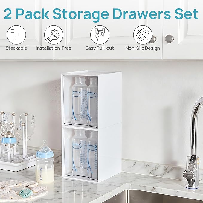 Vtopmart 2 Pack Stackable Storage Drawers, Plastic Organizers Bins for Baby Bottles, Skincare, Beauty Supplies, Ideal for Vanity, Bathroom, Kitchen Countertop, Cabinet Orga - Image 3