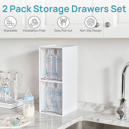 Vtopmart 2 Pack Stackable Storage Drawers, Plastic Organizers Bins for Baby Bottles, Skincare, Beauty Supplies, Ideal for Vanity, Bathroom, Kitchen Countertop, Cabinet Orga - Image 3