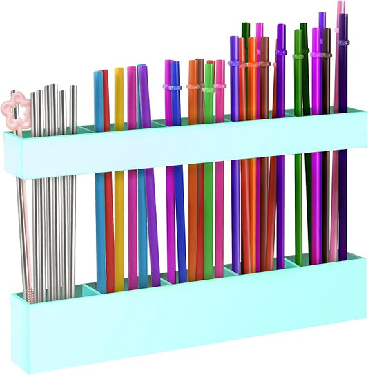 9.5” Large Acrylic Straw Holder for Cabinet Door, Reusable Adjustable Two-Part Straws Organizer with Ultra Sticky Adhesive Strips, 2026 Straw Storage for Kitchen Cupboard (Mint Blue)