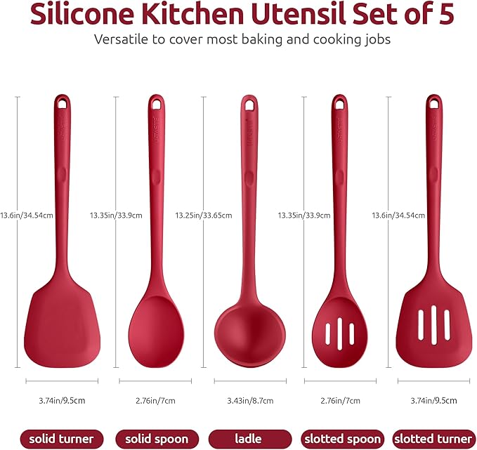 Silicone Kitchen Cooking Utensil Set: U-Taste High Heat Resistant 13.6in Long Kitchen Gadgets, BPA Free Non Stick Rubber Cook Accessories For Stir Frying, Serving, Basting, Mixing (5 Pieces, Red) - Image 2