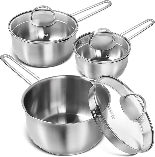 MICHELANGELO Stainless Steel Saucepan with Lid & Pour Spout 1QT & 2QT & 3QT, Tri-Ply Bottom Sauce Pan Set, Sauce Pot Set - 6 Pcs by Michelangelo