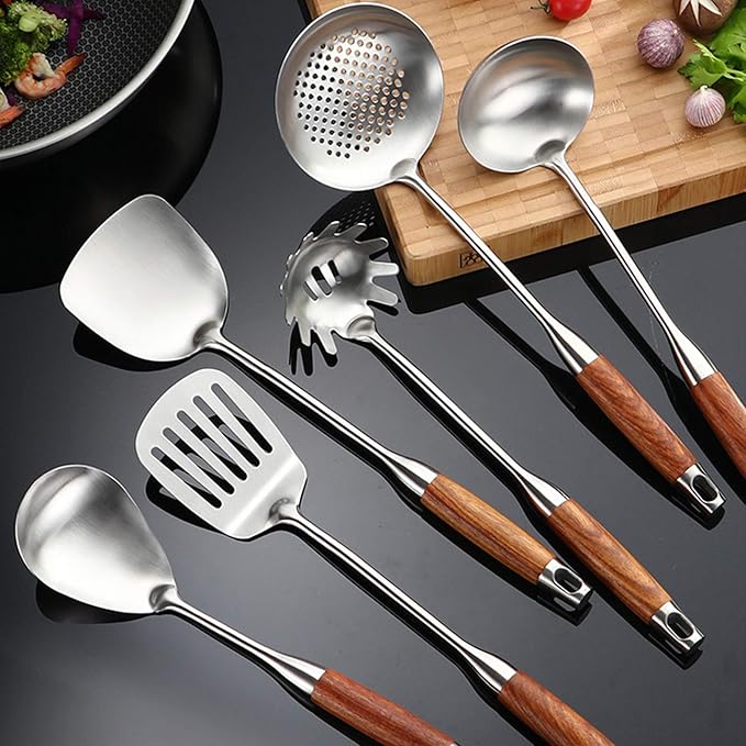 Cooking Utensils Set,7pcs 304 Stainless Steel Kitchen Utensils Set with Holder,Heat Resistant Wooden Handle Kitchen Tools - Image 4