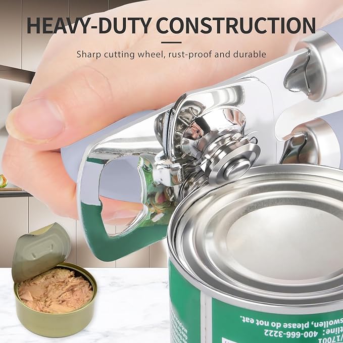 Safring Can Opener Manual, Heavy Duty Stainless Steel Smooth Edge Can Opener With Soft Touch Handle, Oversized Handheld Easy Turn Knob, Multi-Function Bottle Opener, Lavender