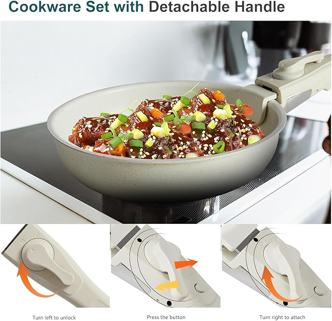 12 Pcs Pots and Pans Set, Non-Stick Pots and Pans Set, with Detachable Handles, Resistant to High Temperatures,Dishwasher Oven Safe, PFAS and PFOA Free, White
