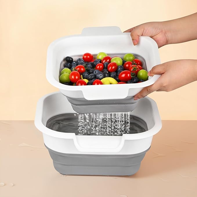 ROTTOGOON Collapsible Colander Set with Strainer Bowl, 2 in 1 Fruit Washing Basket with Strainer, 5 + 3 QT Plastic Colanders for Kitchen, Foldable Double Layered Colanders Bowl for Vegetable, Grey - Image 4