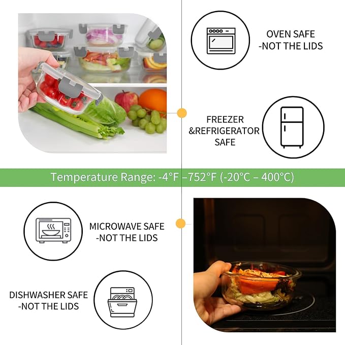 HOMBERKING Glass Food Storage Containers with Lids, [18 Piece] Glass Meal Prep Containers, Airtight Lunch Bento Boxes, BPA-Free & Leak Proof (9 lids & 9 Containers) - Grey - Image 3