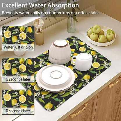 Dish Drying Mat for Kitchen Counter 2 Pack with Non-Slip Rubber Backing - Heat-Resistant Absorbent Coffee Bar Mat, Dish Rack Mat, Lemon Dish Drying Mats 18x24+19.5x12 inch