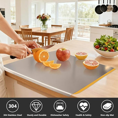 Large Stainless Steel Cutting Boards for Kitchen, Chopping Boards with Orange Non-slip Mat, Cutting Board with Counter Lip for Meat, Fruits, Vegetables, Bread,Dough(15.75" × 11.81")