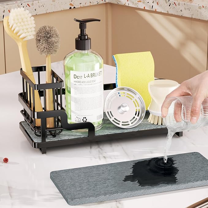 Consumest Sponge Holder for Kitchen Sink - Sink Caddy Organizer with Water Absorbing Stone Tray, Detachable Brush Holder, Stainless Steel Kitchen Counter Organizer Rack, Black - Image 8