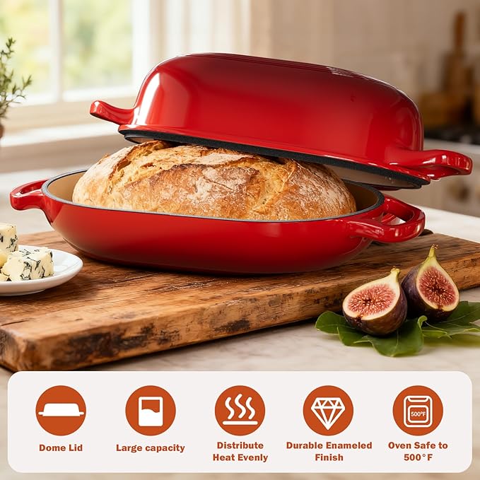 Enameled Cast Iron Sourdough Bread Oven, Dutch Oven, incl. Sourdough Bread-Baking Supplies like Banneton Bread-Proofing Basket - 5QT Loaf Cast Iron Bread Pan for Homemade Bread Baking, Red Meatloaf Pan with Lid - Image 6