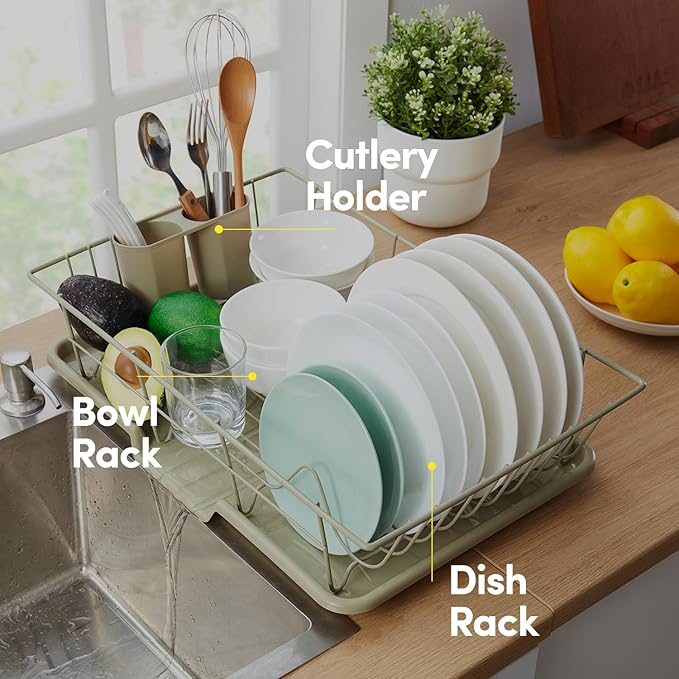 Space-Saving 3-Piece Dish Drainer Rack Set: Efficient Kitchen Organizer for Quick Drying and Storage - Includes Cutlery Holder and Drainboard - Maximize Countertop Space, Sage Green - Image 5