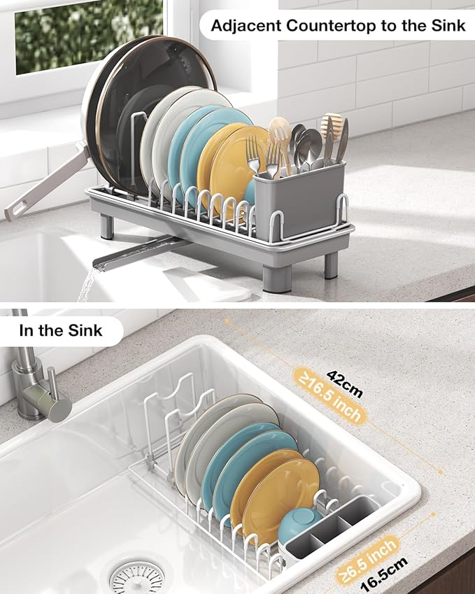 Dish Rack, Carbon Steel Small Dish Drying Rack Rustproof for Kitchen Counter, Compact Space-Saving Dish Drainer with Adjustable Slots for Small Kitchens & Apartments, 16.5×6.5×7inch, Grey - Image 3