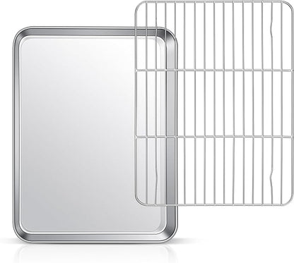 12.5 Inch Baking Sheet Pan with Rack Set, Joyfair Stainless Steel Toaster Oven Pans Tray & Cooling Racks for Cookie/Jelly Roll/Bacon/Meat, Commercial Metal & Rust-free, Dishwasher Safe by Joyfair