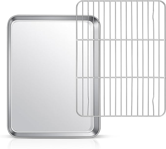 12.5 Inch Baking Sheet Pan with Rack Set, Joyfair Stainless Steel Toaster Oven Pans Tray & Cooling Racks for Cookie/Jelly Roll/Bacon/Meat, Commercial Metal & Rust-free, Dishwasher Safe by Joyfair