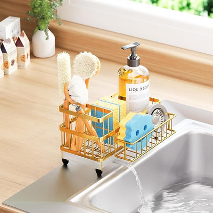 Consumest Sponge Holder for Kitchen Sink - Auto Draining Sink Caddy Organizer with Detachable Rack, High Brush Holder, Kitchen Countertop Storage Accessories, Gold - Image 8
