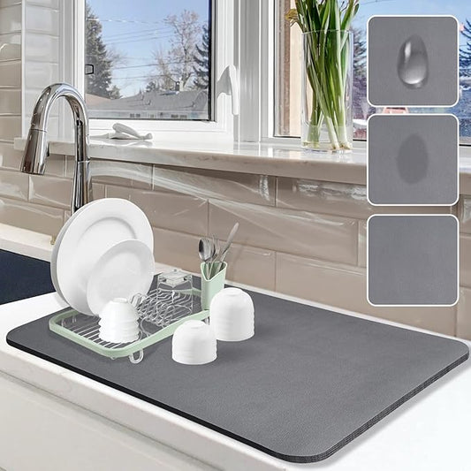 Dish Drying Mat for Kitchen Counter, 16"x24" Dish Drying Pad with Non-slip Rubber Backed, Hide Stain Anti Absorbent for Kitchen Counter, Drying Mat for Coffee Machine Dish Rack (Grey) by Etomiel