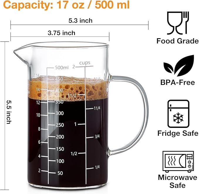BCnmviku 500ML 2 CUP Glass Measuring Cup With Handle, High Borosilicate Glass Three Scales (OZ, Cup, ML/CC for Kitchen or Restaurant Easy To Read - Image 5