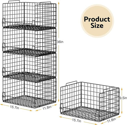 4-Tier Stackable Closet Organizers and Storage Basket - Foldable Closet Shelf Organizer System, Sturdy Metal Space-Saving Clothes Storage Bins for Wardrobe, Black - Image 3