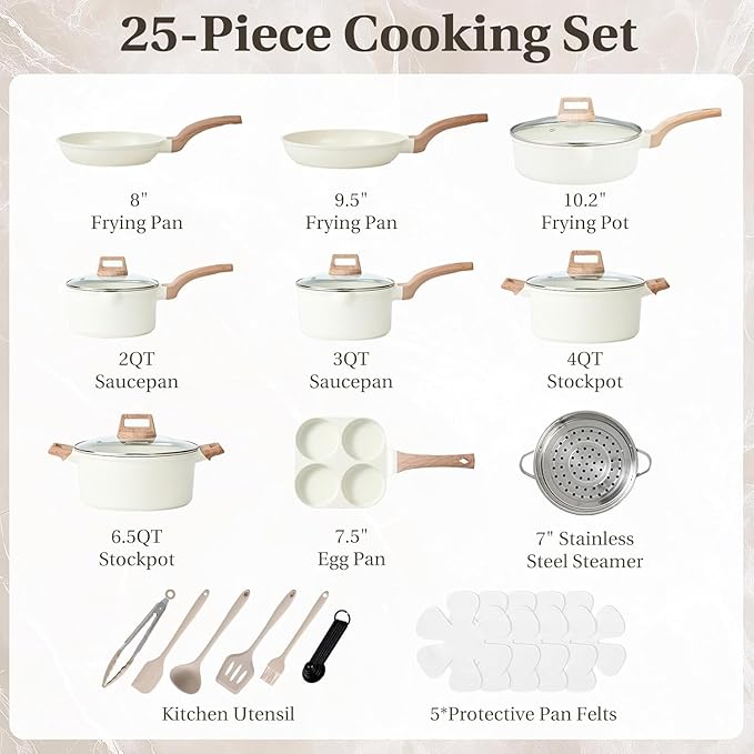 25 Pcs Pots and Pans Set, Nonstick & Non-Toxic Healthy Pots and Pans, Heat-Resistant Handles, Induction Cookware Sets with Frying Pans, White