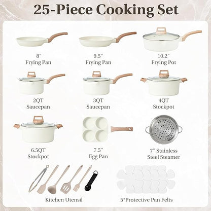 25 Pcs Pots and Pans Set, Nonstick & Non-Toxic Healthy Pots and Pans, Heat-Resistant Handles, Induction Cookware Sets with Frying Pans, White