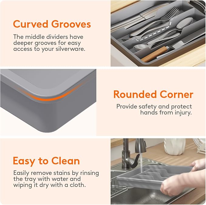 Lifewit Silverware Drawer Organizer Tray, Plastic Cutlery Storage for Kitchen, Flatware and Utensil Holder Divider for Spoons Forks Knives Tableware, 9.5 x 13.4", 5 Slots, Gray - Image 6