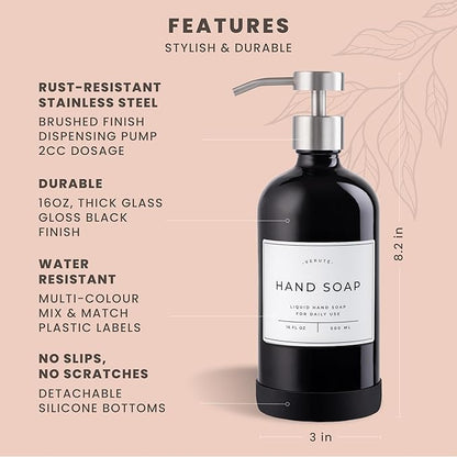 Hand and Dish Soap Dispenser for Kitchen and Bathroom, Set of 2 16 Oz Glass Bottles, Stainless Steel Pumps, Non-Slip Silicone Base, 27 Waterproof Labels (Gloss Black Bottle/Brushed Silver Pump) - Image 6
