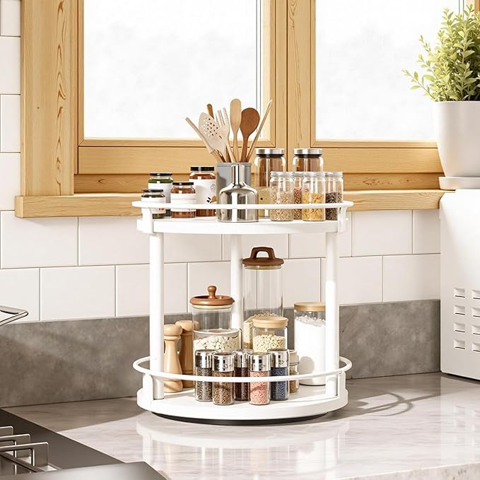 YATINEY Lazy Susan Organizer, Rotating Spice Rack, 2 Tier Spice Turntable Organizer, Industrial Turntable Spice Holder, for Kitchen Countertop, Compact and Versatile, White SR22WW - Image 2