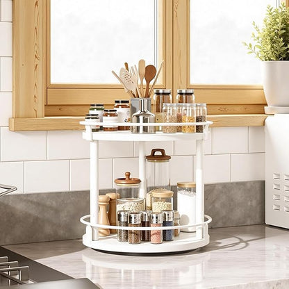YATINEY Lazy Susan Organizer, Rotating Spice Rack, 2 Tier Spice Turntable Organizer, Industrial Turntable Spice Holder, for Kitchen Countertop, Compact and Versatile, White SR22WW - Image 2