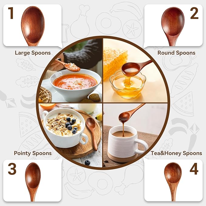 8Pcs Small Wooden Spoons for Eating, Wood Honey Spoon for Tea, Coffee&Soup, Little Tiny Wooden Serving Spoons Set for Cooking Mixing Stirring, 4 Sizes(9.3’’, 7.9’’, 7.1’’, 5.5’’) - Image 7