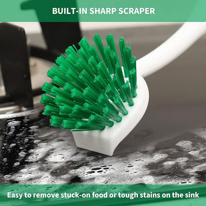 Dish Brush with Handle, 2 Pack Scrub Brushes with Built-in Scraper for Cleaning Kitchen, Pots, Pans and Sink, Scrubber Washing Tools, Green - Image 3
