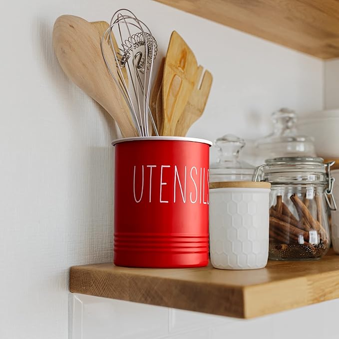 Bivvclaz Kitchen Utensil Holder - 6.7" Utensil Holder for Kitchen Counter - Cooking Utensil Crock with Cork Bottom - Red Decor and Accessories - Countertop Utensil Storage Caddy Organizer - Image 6