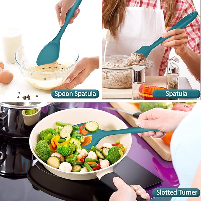 P&P CHEF Silicone Cooking Utensils Set of 7, Heat-proof Kitchen Utensils Set for Nonstick Cookware, Non-stick Spatula, Slotted Turner, Soup Ladle, Pasta Server, Spoon for Cooking Serving - Blue - Image 5