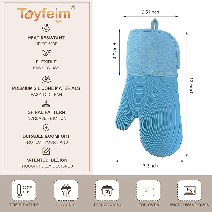 Silicone Oven Mitts-13.6 in Extended Oven Mitts Heat Resistant 500F, Oven Gloves with Soft Liner Good Grippy BPA-Free Easy to Clean Flexible-Oven Mits Set for Cooking Baking Grilling BBQ - Image 5