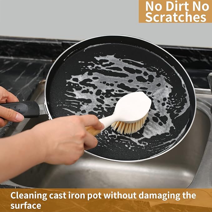 2 Pack Kitchen Dish Brush Bamboo Handle Dish Scrubber Built-in Scraper, Scrub Brush for Pans, Pots, Kitchen Sink Cleaning, Dishwashing and Cleaning Brushes are Perfect Cleaning Tools, White - Image 7