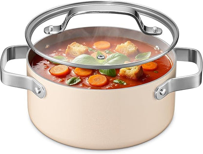 Bakken 3 Quart Ceramic Coated Stock Pot with Lid, Easy to Clean Nonstick Pot, Tempered Glass Lid, Riveted Stainless Steel Handles, Oven Safe Up To 500°F, PTFE & PFAS Free, All Stove Compatible, Cream by BAKK%C3%8BNMASTER