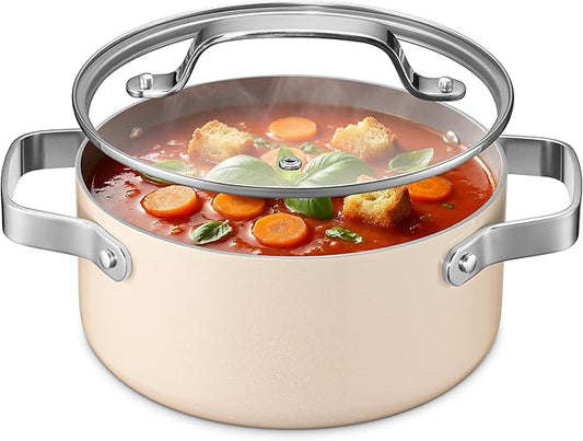 Bakken 3 Quart Ceramic Coated Stock Pot with Lid, Easy to Clean Nonstick Pot, Tempered Glass Lid, Riveted Stainless Steel Handles, Oven Safe Up To 500°F, PTFE & PFAS Free, All Stove Compatible, Cream by BAKK%C3%8BNMASTER