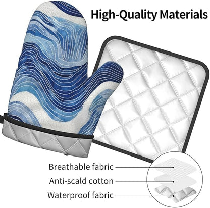 Blue and White Ocean Wave Oven Mitts and Pot Holders Sets of 3, Heat Resistant Non-Slip Washable Coastal Blue White Kitchen Gloves Hot Pads Gift for Baking Cooking Grilling Enthusiasts, Kitchen Decor - Image 8