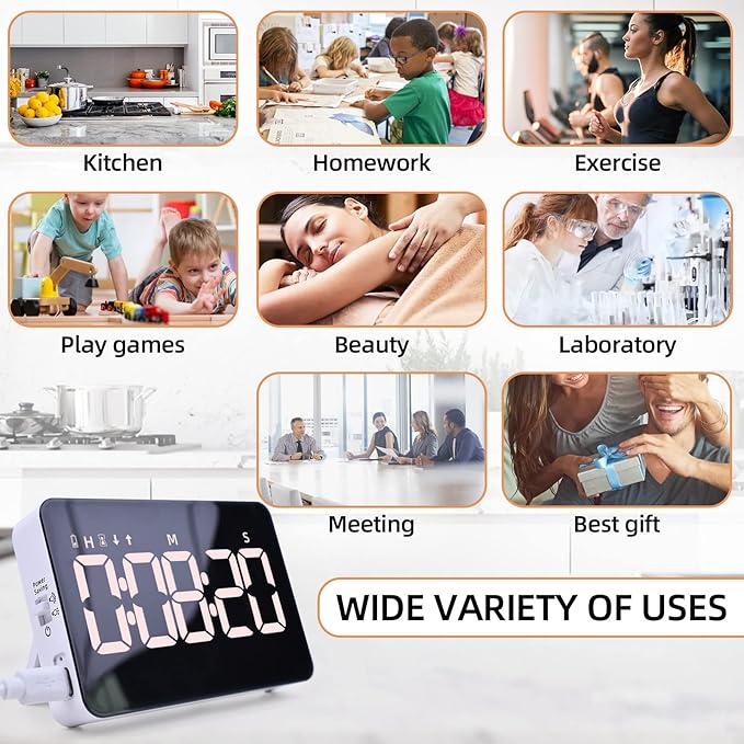 Rechargeable Digital Kitchen Timer for Cooking, Magnetic Timers with Countdown/up, Kids Timer with 5”LED Display 3 Brightness 4 Volume Adjustable for Classroom/Office/Home/Work/Study/Fitness/Game - Image 7
