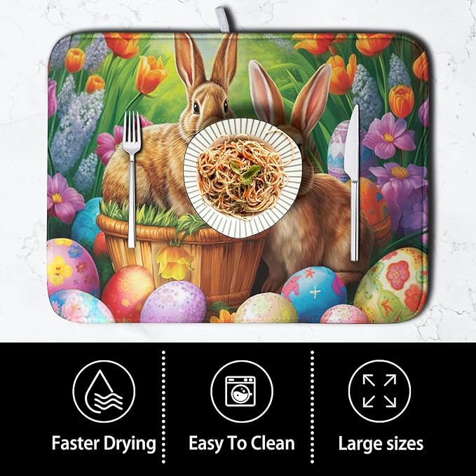 Easter Bunny Eggs Dish Drying Mat for Kitchen Counter, Tulip Floral Flower Drying Mat Spring Summer Holiday Dish Mat Drying Kitchen Mat Absorbent Kitchen Drying Mat for Sink 18x24Inch - Image 4
