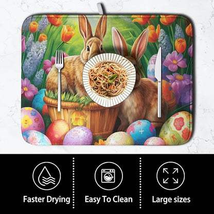 Easter Bunny Eggs Dish Drying Mat for Kitchen Counter, Tulip Floral Flower Drying Mat Spring Summer Holiday Dish Mat Drying Kitchen Mat Absorbent Kitchen Drying Mat for Sink 16x18Inch - Image 4