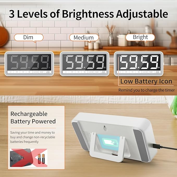 VOCOO Digital Kitchen Timer with 7.8” Extra Large Display, Magnetic, LED with 3 Brightness, 4 Alarms and 3 Volume Levels, Battery Countdown Count Up Timer for Cooking, Classroom, Home Gym (White) - Image 5