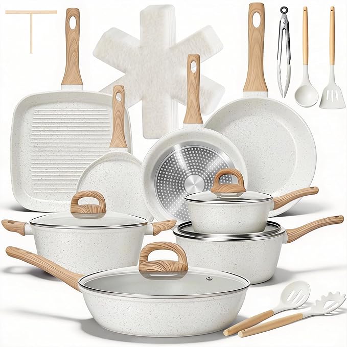 EWFEN 25 Pcs Pots and Pans Set, Nonstick Ceramic Cookware Sets, Healthy Non-Toxic, Large Capacity, Induction Compatible, Cooking Set with Frying Pans & Saucepans, PFAS/PTFE/PFOA Free, Cream White by EWFEN
