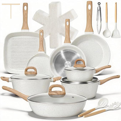 EWFEN 25 Pcs Pots and Pans Set, Nonstick Ceramic Cookware Sets, Healthy Non-Toxic, Large Capacity, Induction Compatible, Cooking Set with Frying Pans & Saucepans, PFAS/PTFE/PFOA Free, Cream White by EWFEN