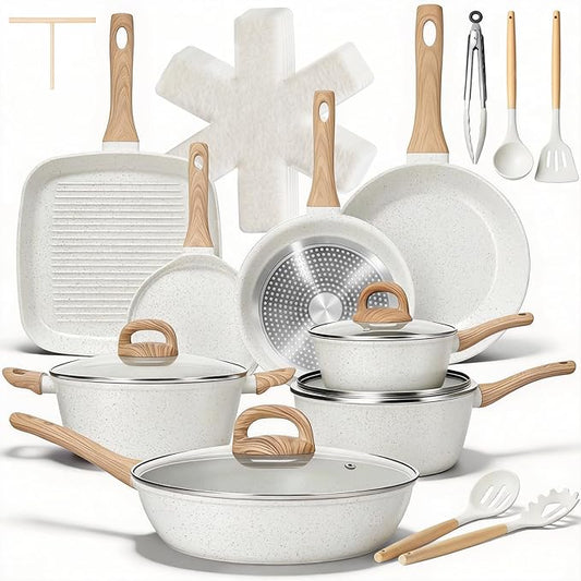 EWFEN 25 Pcs Pots and Pans Set, Nonstick Ceramic Cookware Sets, Healthy Non-Toxic, Large Capacity, Induction Compatible, Cooking Set with Frying Pans & Saucepans, PFAS/PTFE/PFOA Free, Cream White by EWFEN