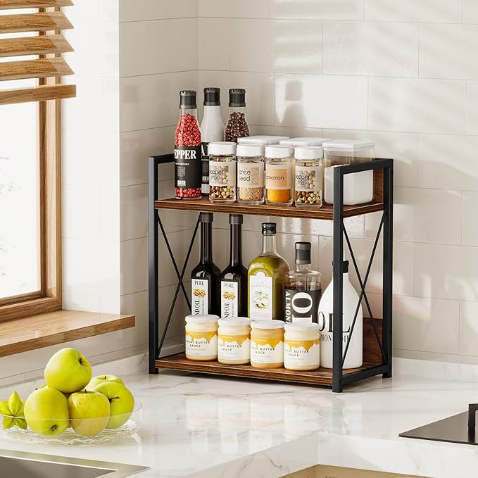 Giikin Kitchen Counter Shelf, Kitchen Countertop Organizer, 2 Tier Spice Rack for Counter, Wood Coffee Bar Organizer for Coffee Station (Brown, L) - Image 5