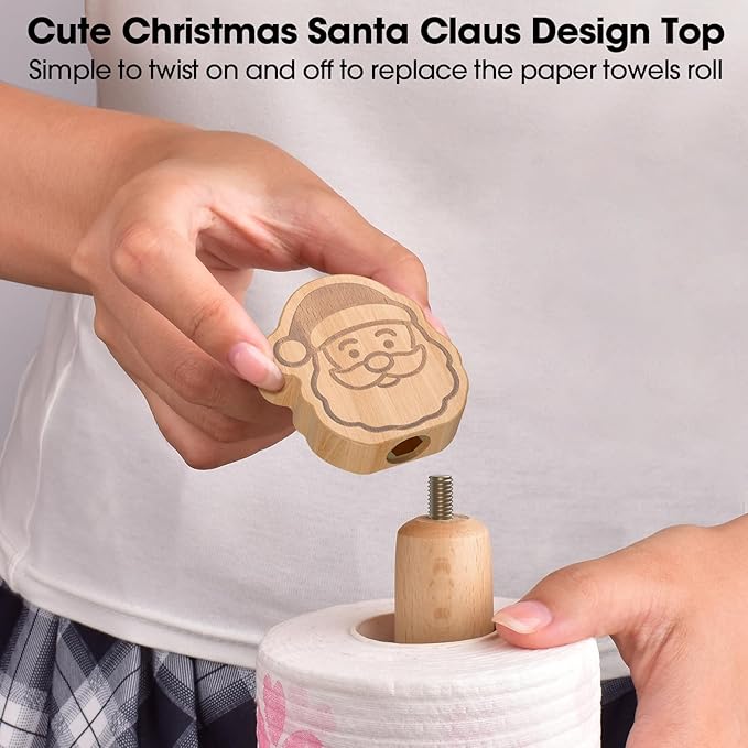 KitchLife Cute Wooden Paper Towel Holder Countertop - Solid Freestanding Paper Towel Dispenser Stand Organizer with Anti-Skid Base (Christmas Santa Claus Style) - Image 3