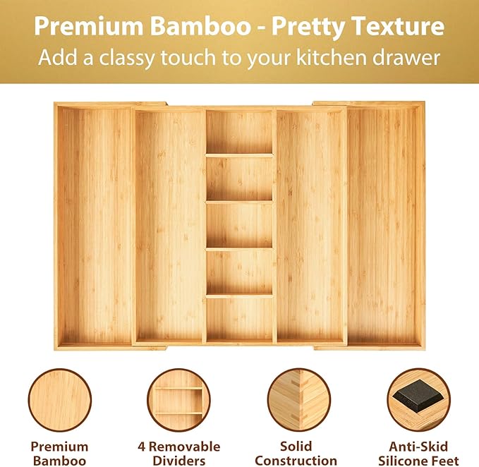 Umilife Extra Large Expandable Kitchen Drawer Organizer for Utensil and Junk, 19" Deep for Big Drawer, 17" to 28" Adjustable Bamboo Wood Drawer Divider, Cutlery Tray, Flatware Holder - Image 3